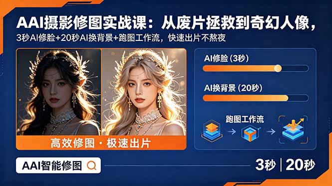 AI摄影修图实战课：3秒修脸+20秒换背景，PS精修跑图工作流拯救废片