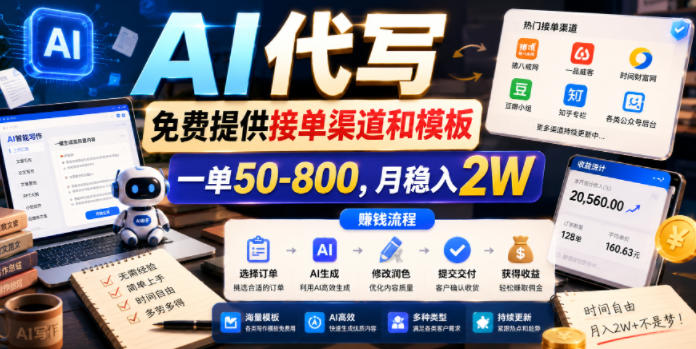 AI代写接单渠道+模板，一单50-800步骤，变现2W副业新风口