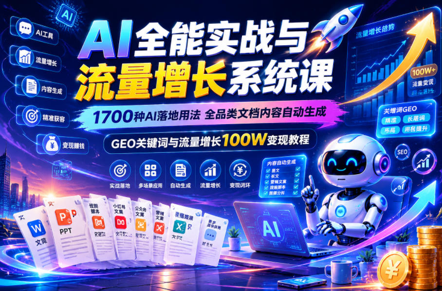 AI全能实战课：1700步骤种用法+28工具+GEO流量增长变现教程
