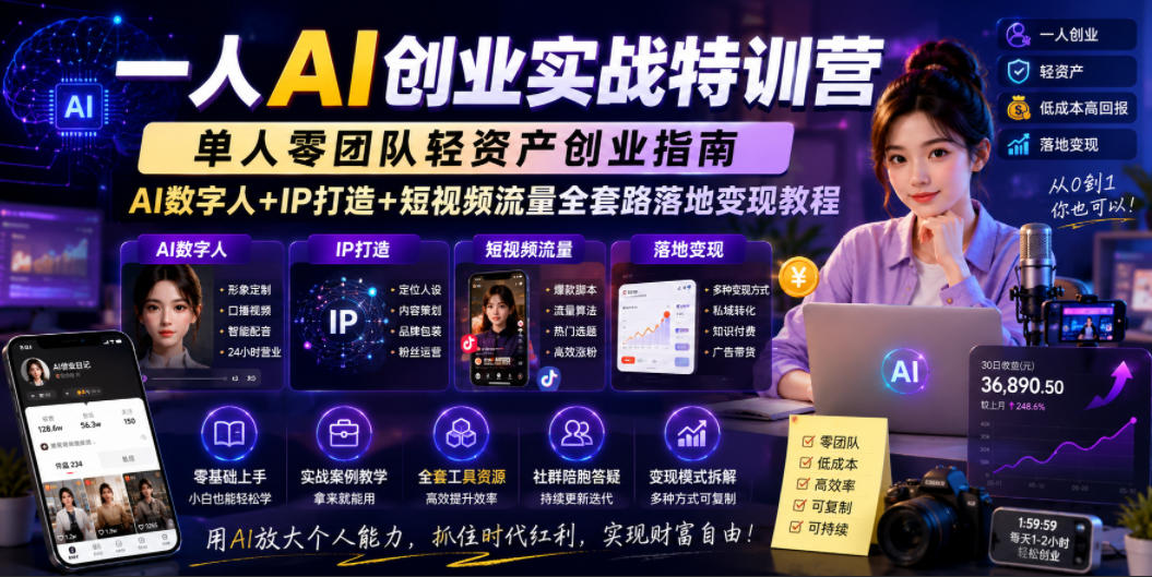一人AI创业实战：零团队轻资产+数字人IP+短视频流量变现教程