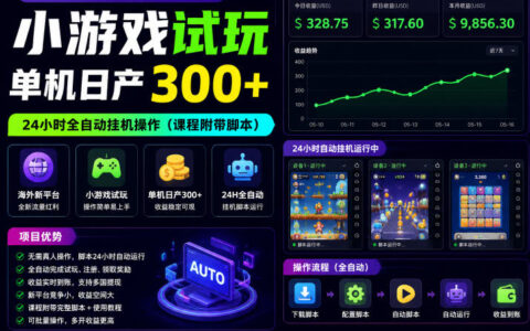2026 海外小游戏试玩自动G机，单机日产300方法脚本课程