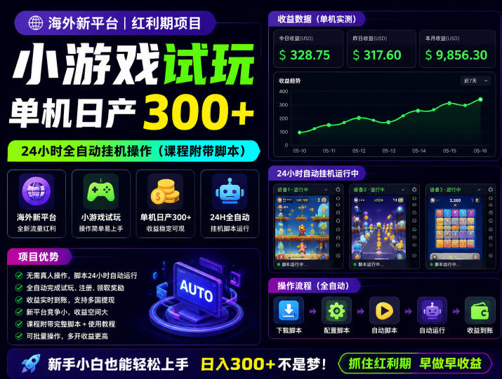 2026 海外小游戏试玩自动G机，单机日产300方法脚本课程