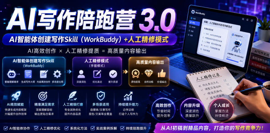 AI写作陪跑营3.0：手搓模式+Workbuddy智能体，去除AI痕迹过朱雀检测