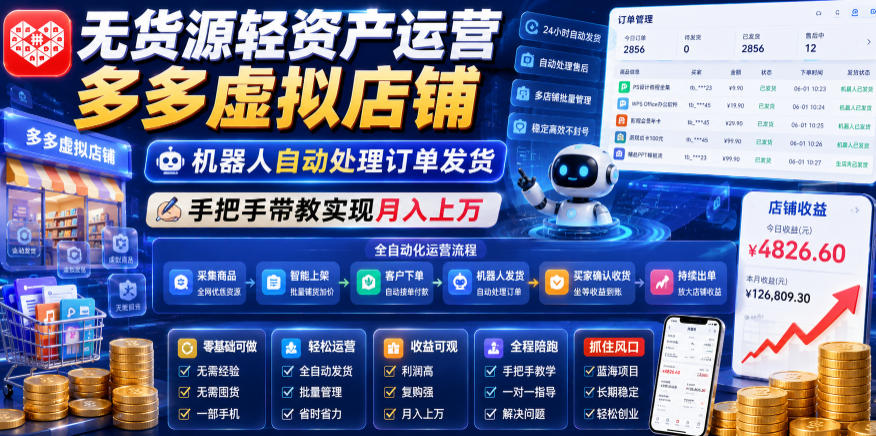 无货源拼多多虚拟店铺自动化运营,机器人发货变现上万 无货源拼多多虚拟店铺自动化运营,机器人发货变现上万