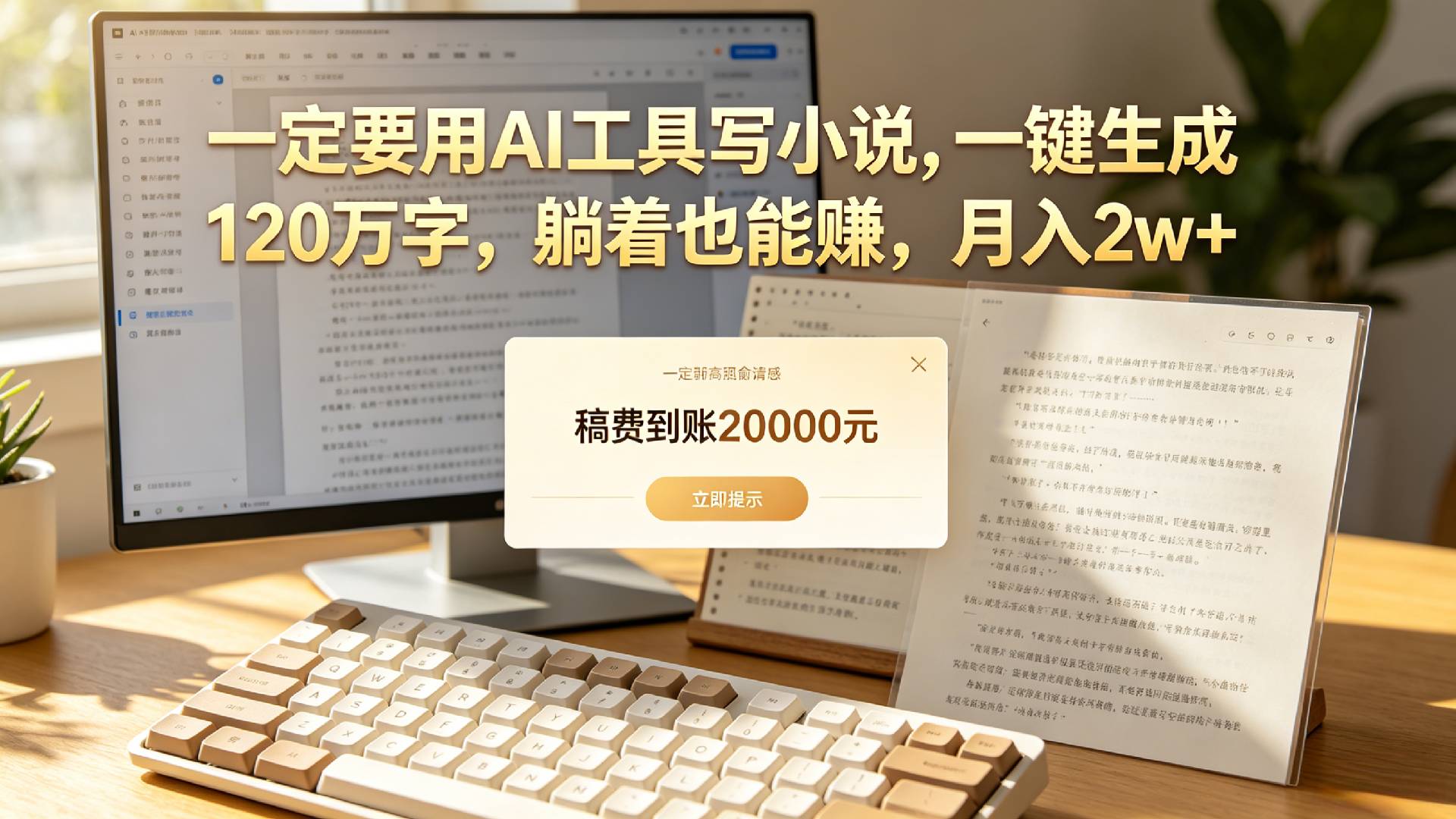 2026 AI写小说变现2W+，一键生成120万字教程实操