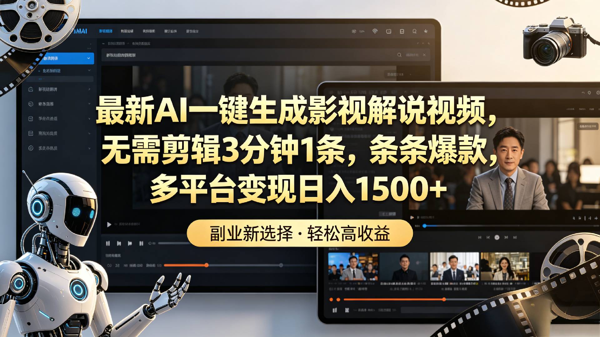 最新AI一键生成影视解说视频，3分钟1条爆款，多平台变现变现1500方法