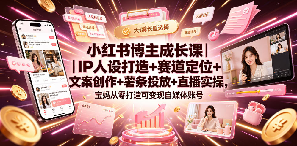 宝妈IP人设+赛道定位+薯条投放+直播变现，零基础小红书副业课