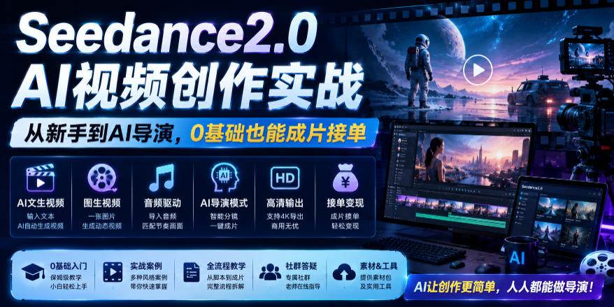 Seedance2.0 AI视频实战：0基础学导演级操控，接单变现
