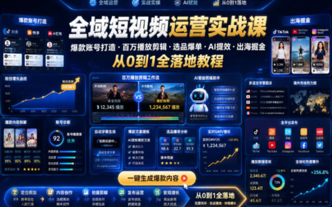 全域短视频运营实战课：爆款账号打造+百万播放剪辑+选品爆单+AI提效+出海掘金