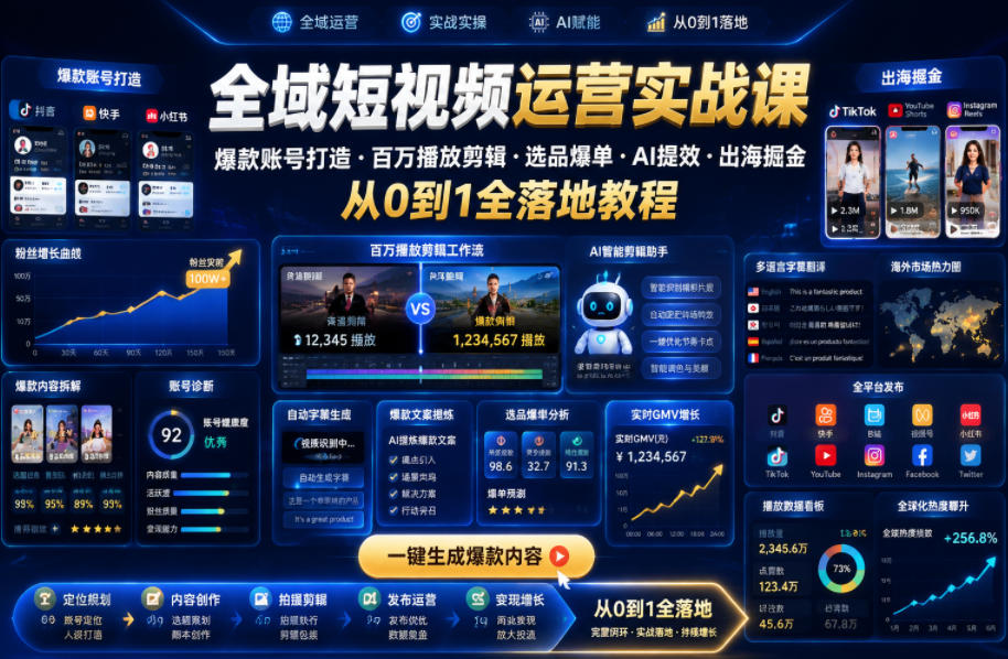 全域短视频运营实战课：爆款账号打造+百万播放剪辑+选品爆单+AI提效+出海掘金