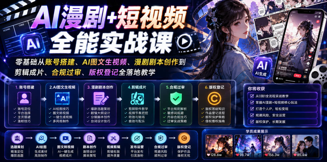 AI漫剧短视频实战课：零基础账号搭建到剪辑过审版权全落地