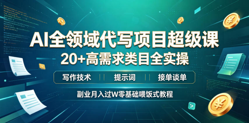 AI代写副业课：20+类目实操+提示词接单，零基础变现过万