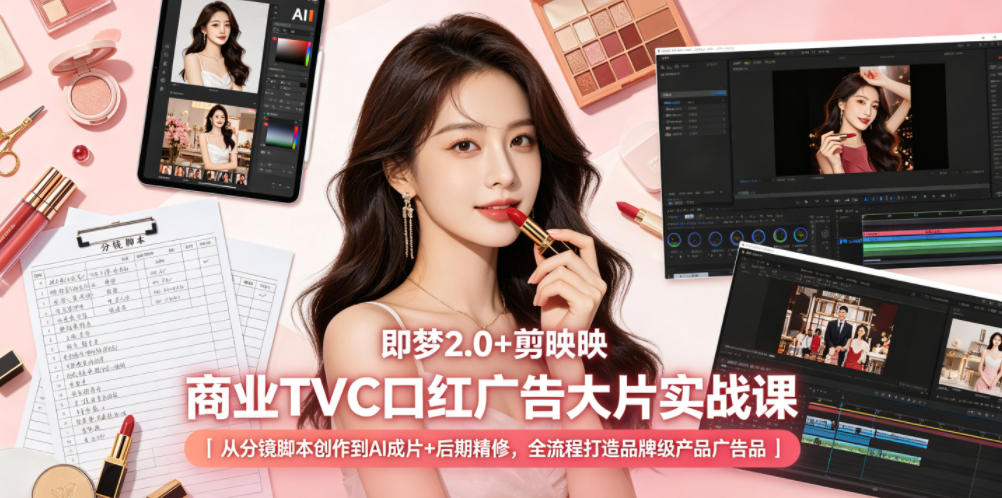 即梦2.0+剪映TVC口红广告实战课｜零基础AI分镜到精修，批量产出品牌级美妆大片