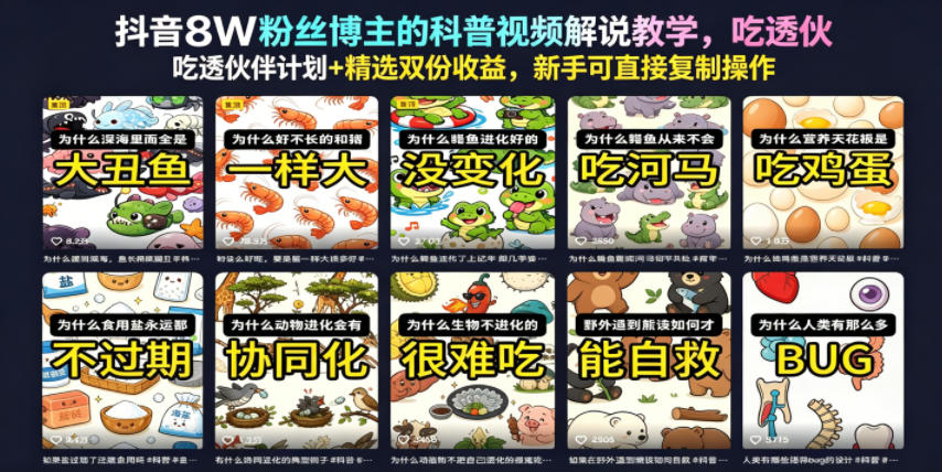 抖音8W粉博主科普视频教学，零基础解锁伙伴计划+精选双收益