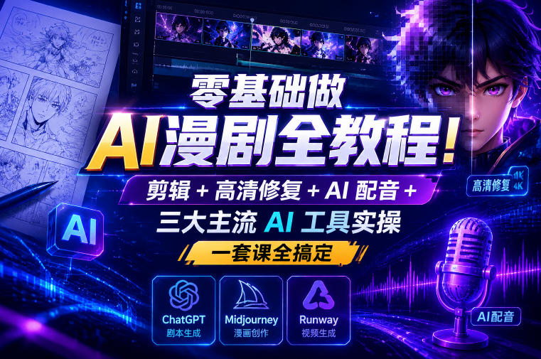 零基础AI漫剧全流程实战：剪辑+高清修复+AI配音+三大工具实操