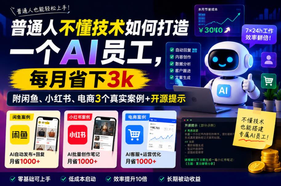 普通人不懂技术如何用AI打造员工，月省3步骤附闲鱼小红书电商案例