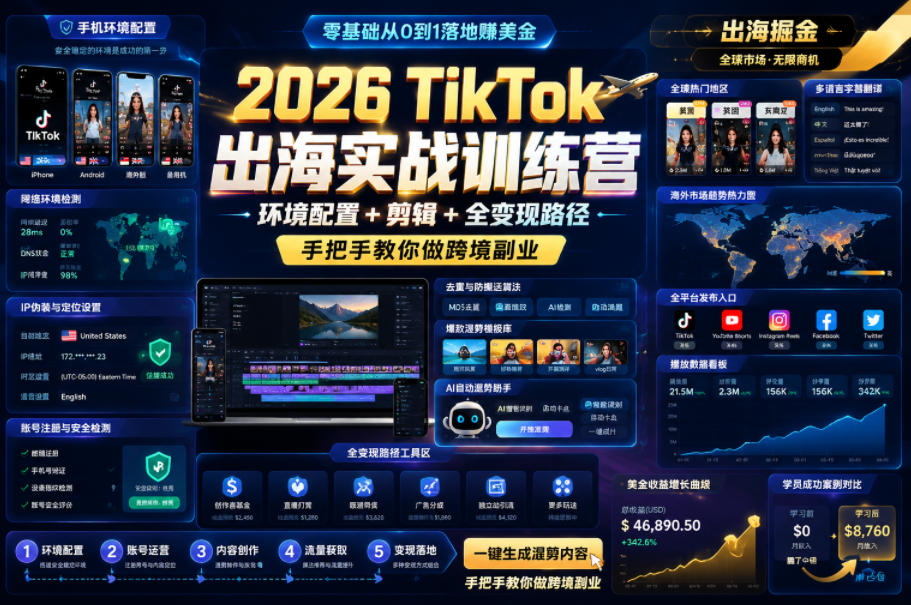 2026 TikTok出海实战训练营：环境配置+剪辑+全变现路径，零基础跨境副业