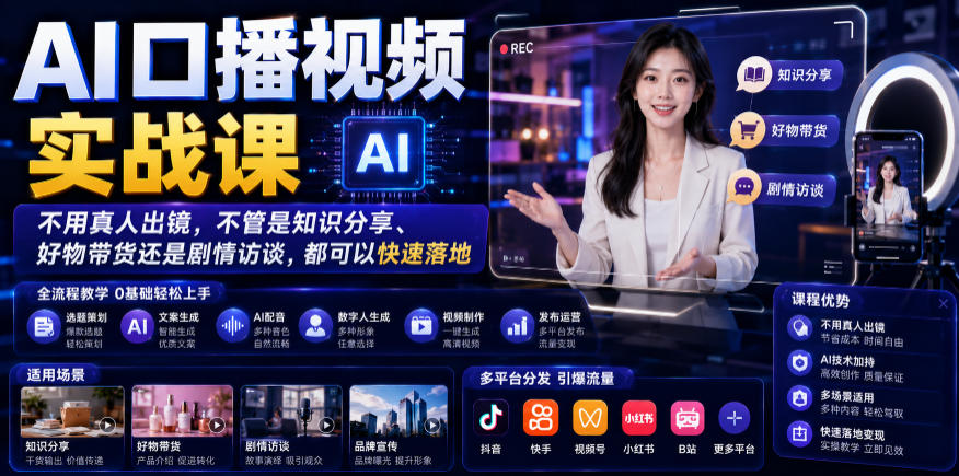 AI口播视频实战课：数字人IP打造+双人访谈带货，新手快速起号
