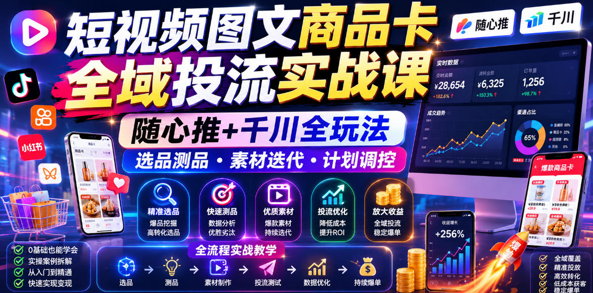 短视频图文商品卡全域投流实战课，随心推+千川选品测品素材迭代计划调控提升ROI