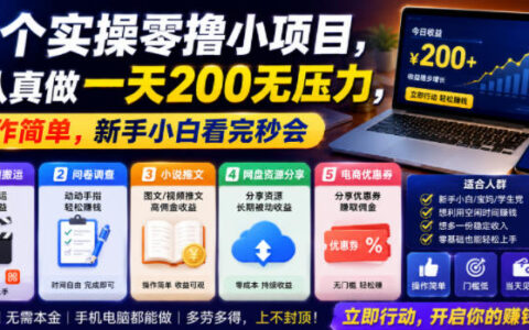5个零撸小项目实操教程，新手小白变现200步骤无压力，简单易上手