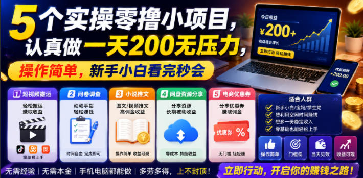 5个零撸小项目实操教程，新手小白变现200步骤无压力，简单易上手