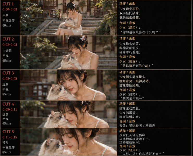 美女和猫故事提示词教程:人物一致性+故事板创作技巧,AI视频制作玩法 美女和猫故事提示词教程:人物一致性+故事板创作技巧,AI视频制作玩法
