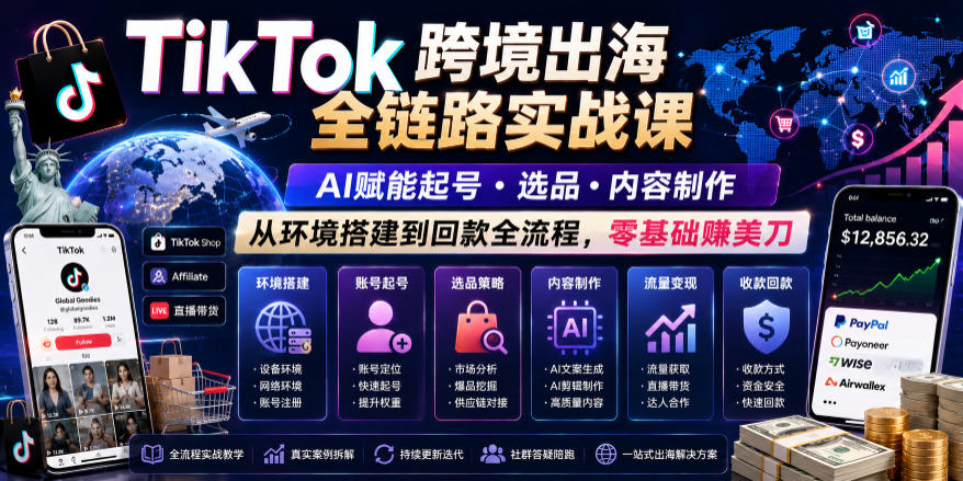 TikTok跨境出海全链路实战课，AI赋能起号选品内容制作零基础賺美刀