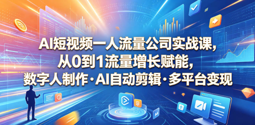 AI短视频一人流量公司实战课：数字人制作+AI剪辑+多平台变现全攻略
