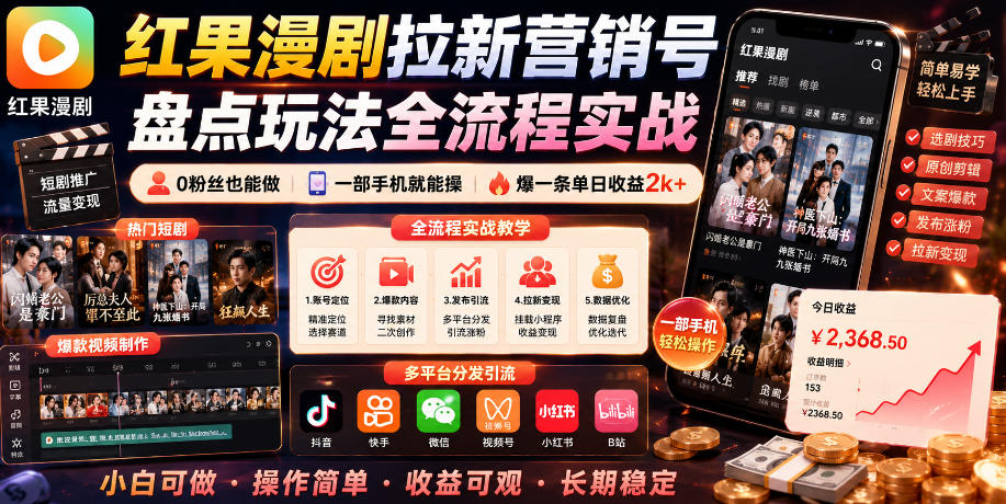 红果漫剧拉新全流程教学，0粉丝手机副业，单日收益2方法