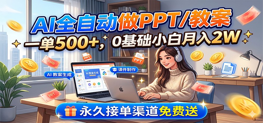 AI自动化做PPT/教案，一单500方法，0基础副业变现2W，送接单渠道