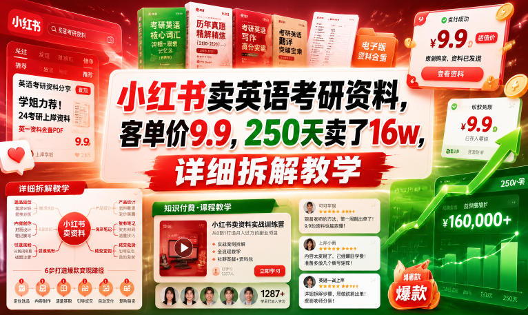 小红书卖考研资料9.9元，250天赚16万详细拆解