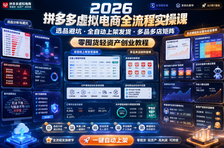 2026拼多多虚拟电商实操课:选品避坑+自动化上架发货,零囤货轻资产创业 2026拼多多虚拟电商实操课:选品避坑+自动化上架发货,零囤货轻资产创业