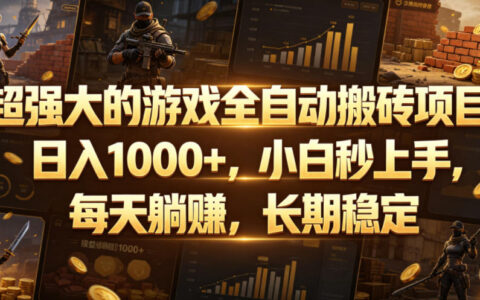 超强游戏自动化搬砖项目，变现100步骤0+，小白副业被动收入长期稳定