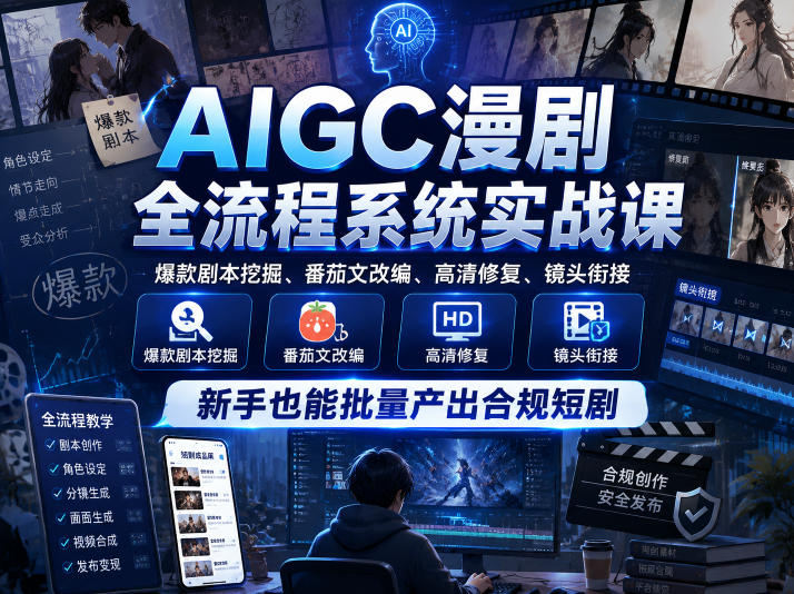 AIGC漫剧全流程实战课：爆款剧本挖掘+高清修复，新手也能批量产出合规短剧