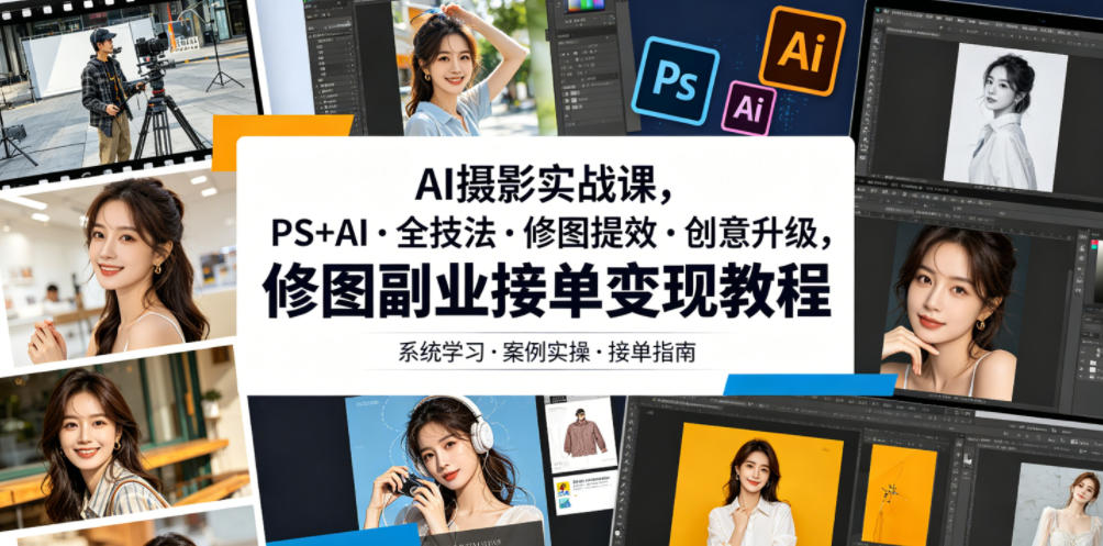 AI摄影实战课：PS+AI全技法修图提效，废片拯救与创意合成变现教程