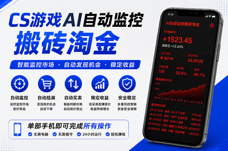 CS2饰品AI自动搬砖捡漏，变现300方法，手机电脑无人值守运行