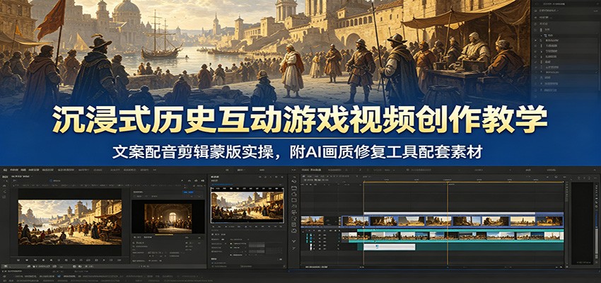 沉浸式历史互动游戏视频教学:文案配音剪辑蒙版实操,附AI画质修复工具 沉浸式历史互动游戏视频教学:文案配音剪辑蒙版实操,附AI画质修复工具