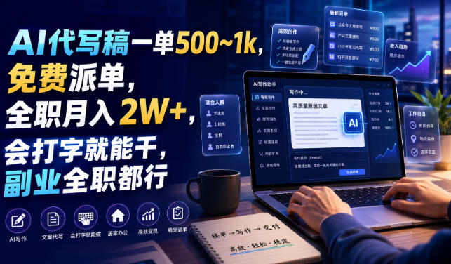 AI代写稿一单500步骤~1步骤，免费派单全职变现2W+，会打字就能干副业