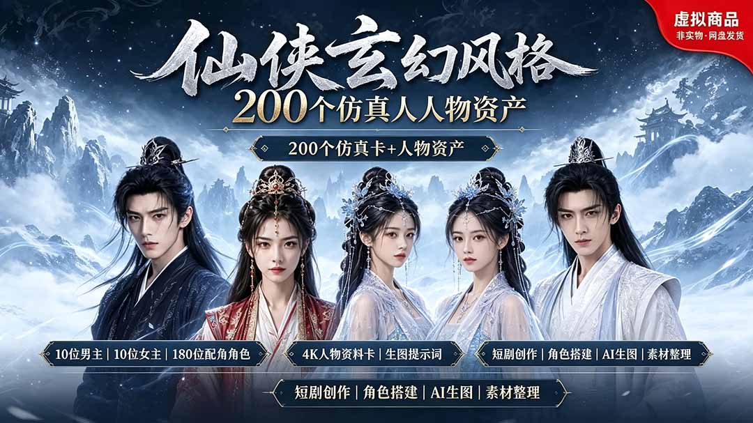 200步骤个仙侠玄幻仿真人素材，10男主10女主180配角，4K资料卡+AI提示词，漫剧必备