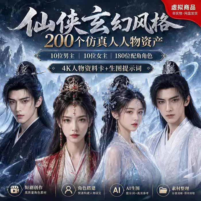 200步骤个仙侠玄幻仿真人素材，10男主10女主180配角，4K资料卡+AI提示词，漫剧必备