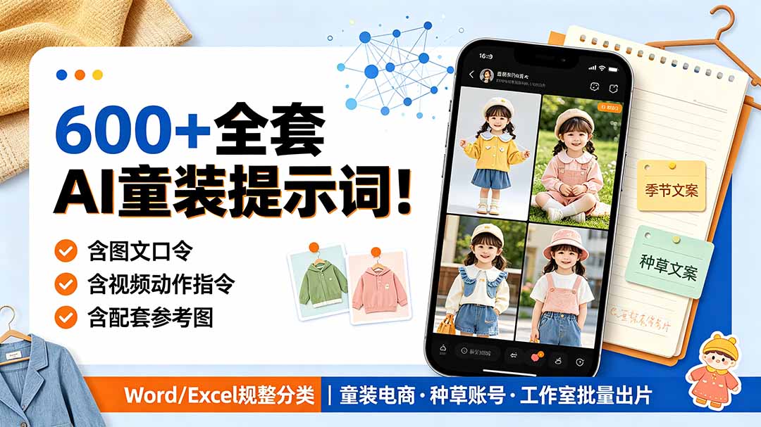 600方法童装AI提示词，图文视频口令+参考图，电商种草量产爆款