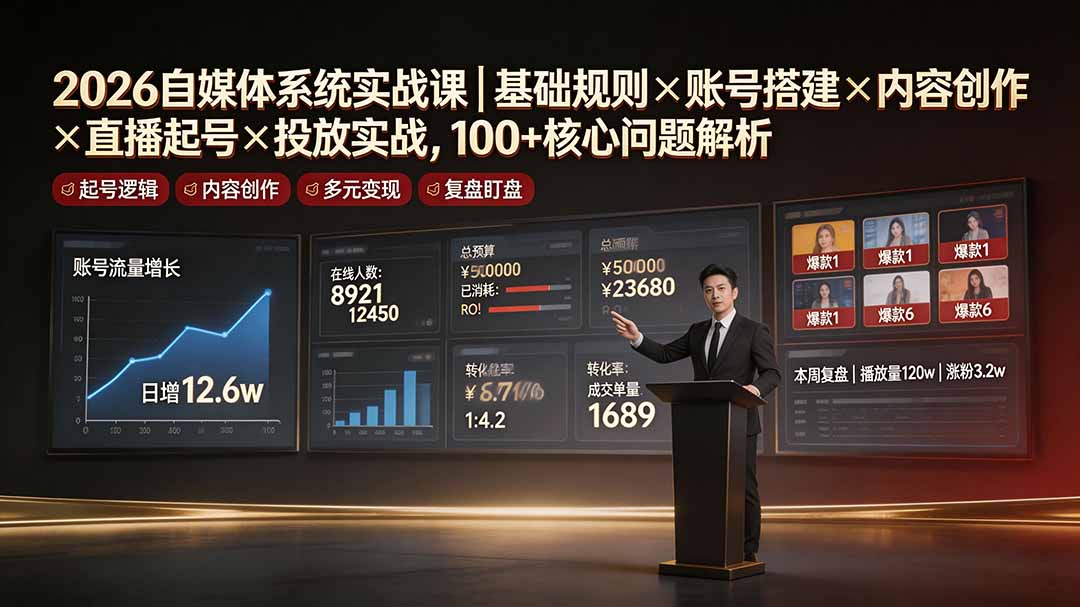 2026自媒体系统实战课｜100方法核心问题解析，从零搭建账号到直播投流