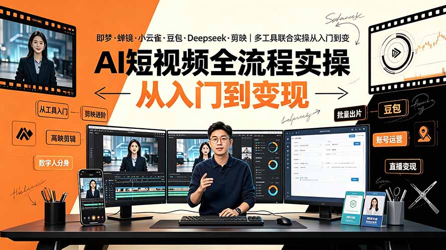 AI短视频全流程实操：即梦蝉镜剪映等6工具从入门到变现