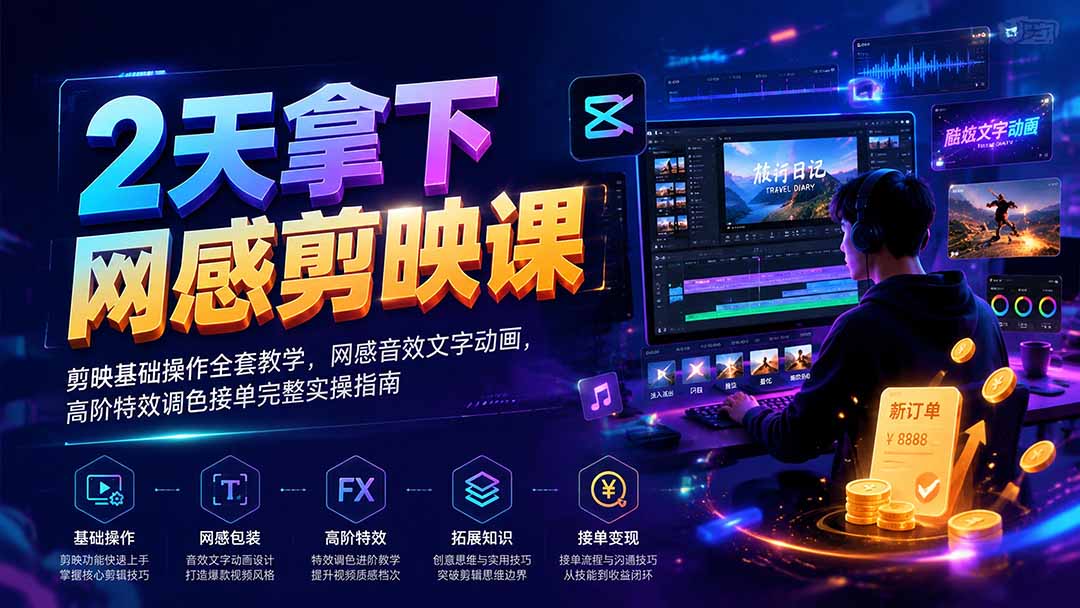2天剪映网感剪辑课｜音效文字动画+高阶特效调色，零基础接单变现