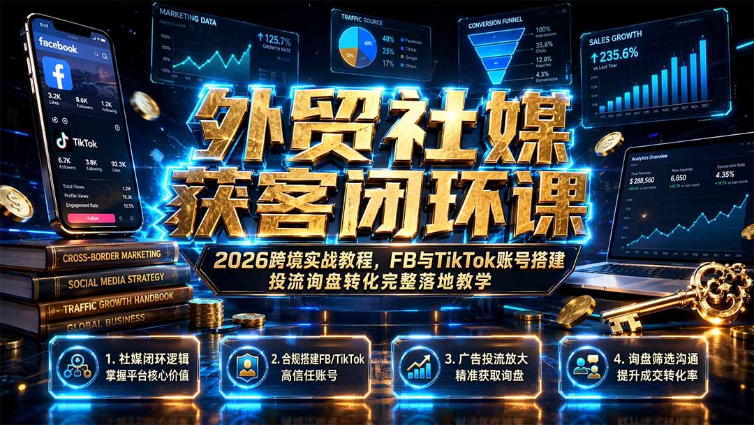 外贸社媒获客闭环课：FB与TikTok账号搭建投流询盘转化实战