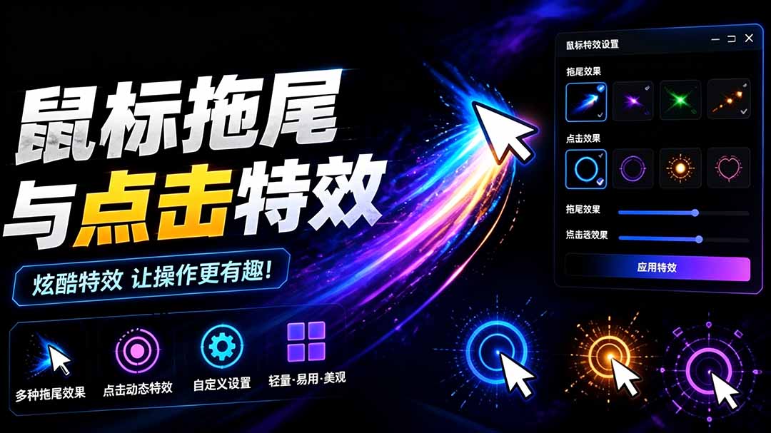 Windows特效小工具！一键给鼠标添加拖尾与点击动态特效，免费使用
