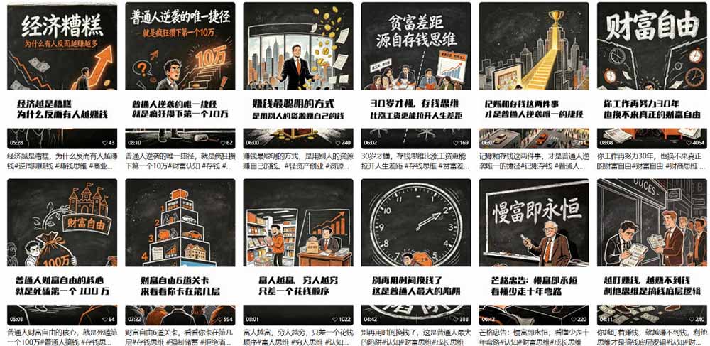 AI书单财富视频拆解：手绘黑白风图文，新手可跑千单