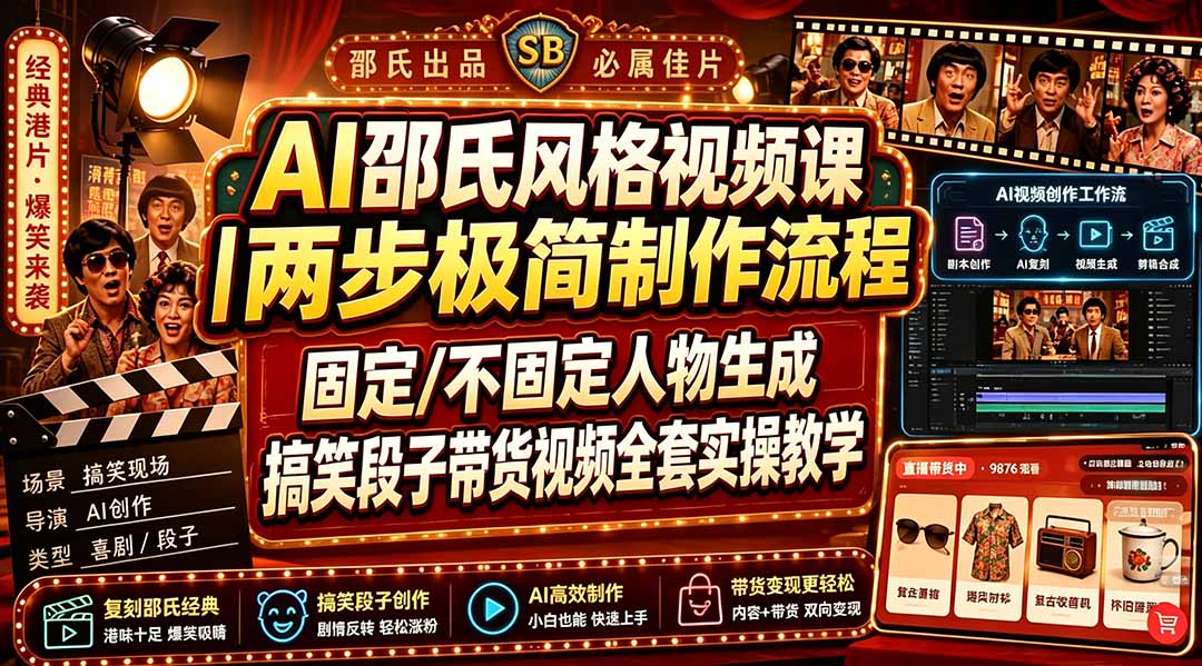 AI邵氏风视频课｜两步极简制作，固定人物生成+搞笑段子带货实操