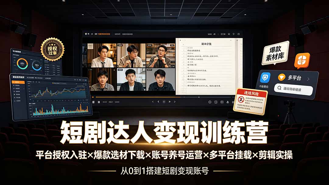 短剧达人变现训练营：零基础授权入驻爆款选材剪辑实操全流程