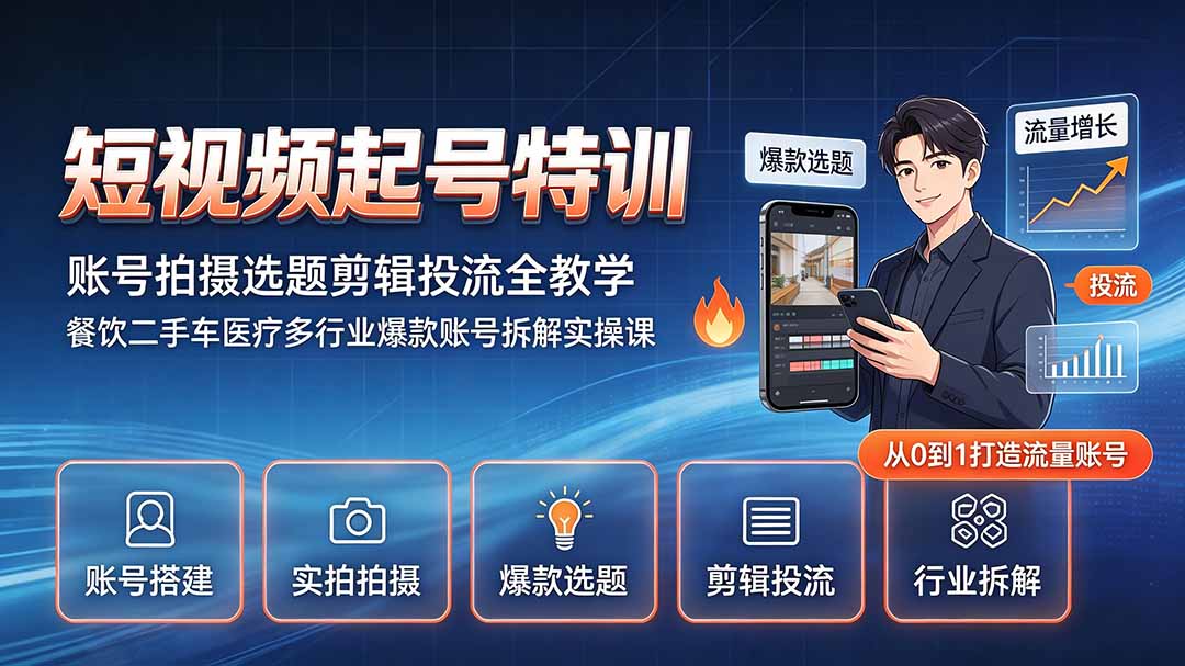 短视频起号特训：账号搭建拍摄剪辑投流全教学，多行业爆款拆解实操